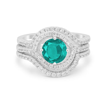 Three Piece Ring Band Round Simulated Paraiba Tourmaline CZ 925 Sterling Silver